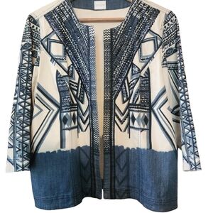 Womens Chico's L Bohohemian Sequin Geometric Blue & Cream Boho Blazer Jacket